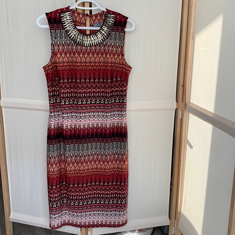 Classy orange/black/white summer sleeveless dress, beaded collar, Sears, size 16